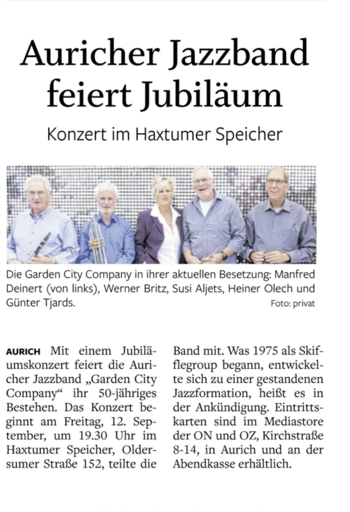Auricher Jazzband feiert Jubiläum
- Konzert im Haxtumer Speicher - 
Die Garden City Company in ihrer aktuellen Besetzung: Manfred Deinert (von links), Werner Britz, Susi Aljets, Heiner Olech und Günter Tjards.